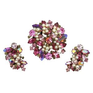 Vintage Austria Brooch Earrings Pink Rhinestones Aurora Borealis Faux Pearls Sig